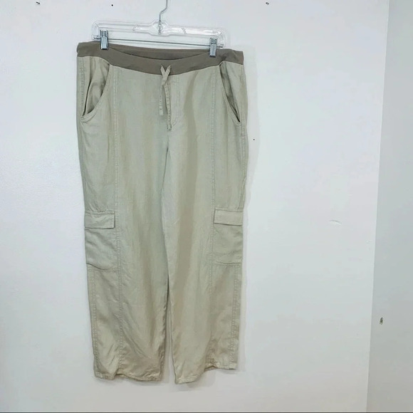 Sahalie Linen Pants Neutral Woman Medium  Cargo Pull On Drawstring Pockets - Picture 1 of 11